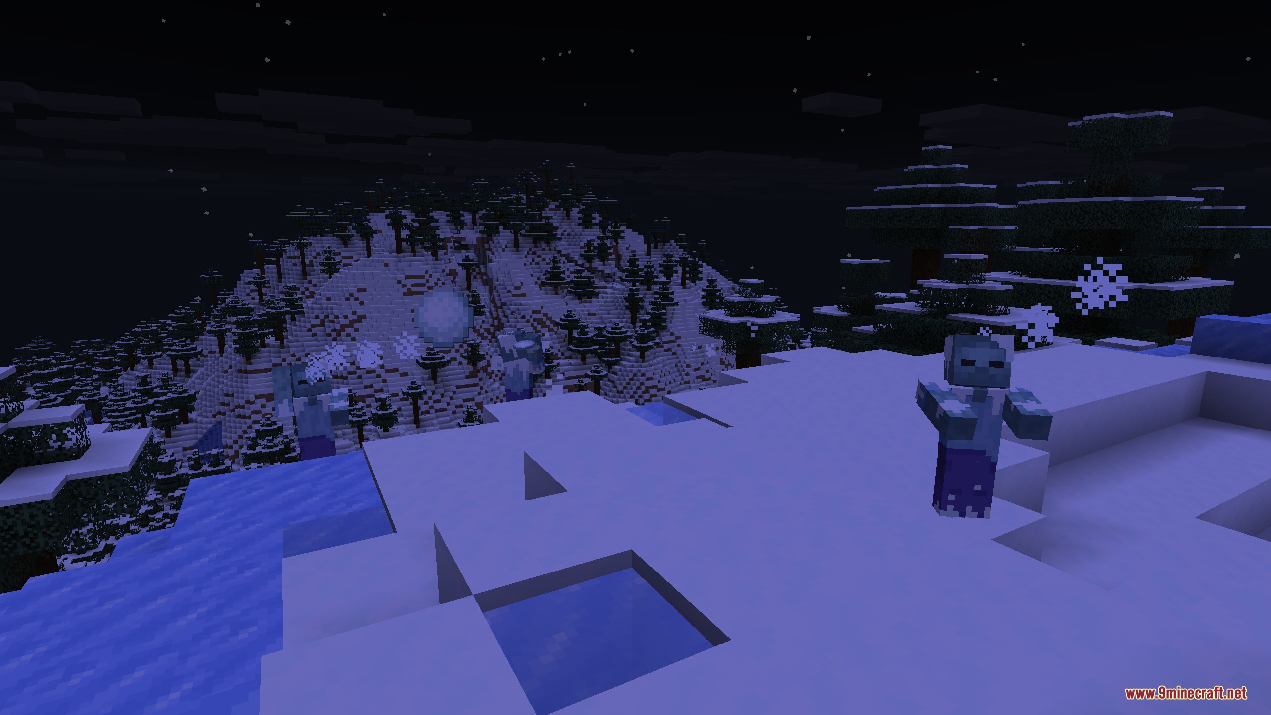 Frostbitten zombies roam a snowy mountain biome at night while throwing cold snowballs