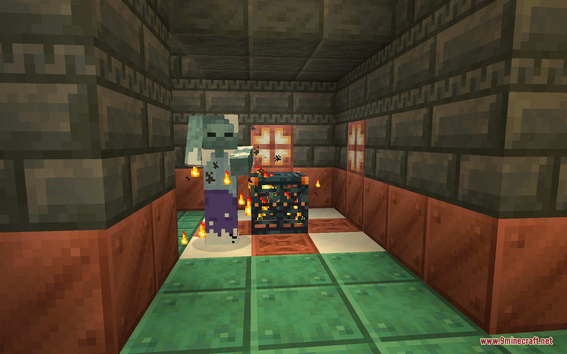 The Frostbitten zombie variant spawning from a Trial Spawner in a dungeon