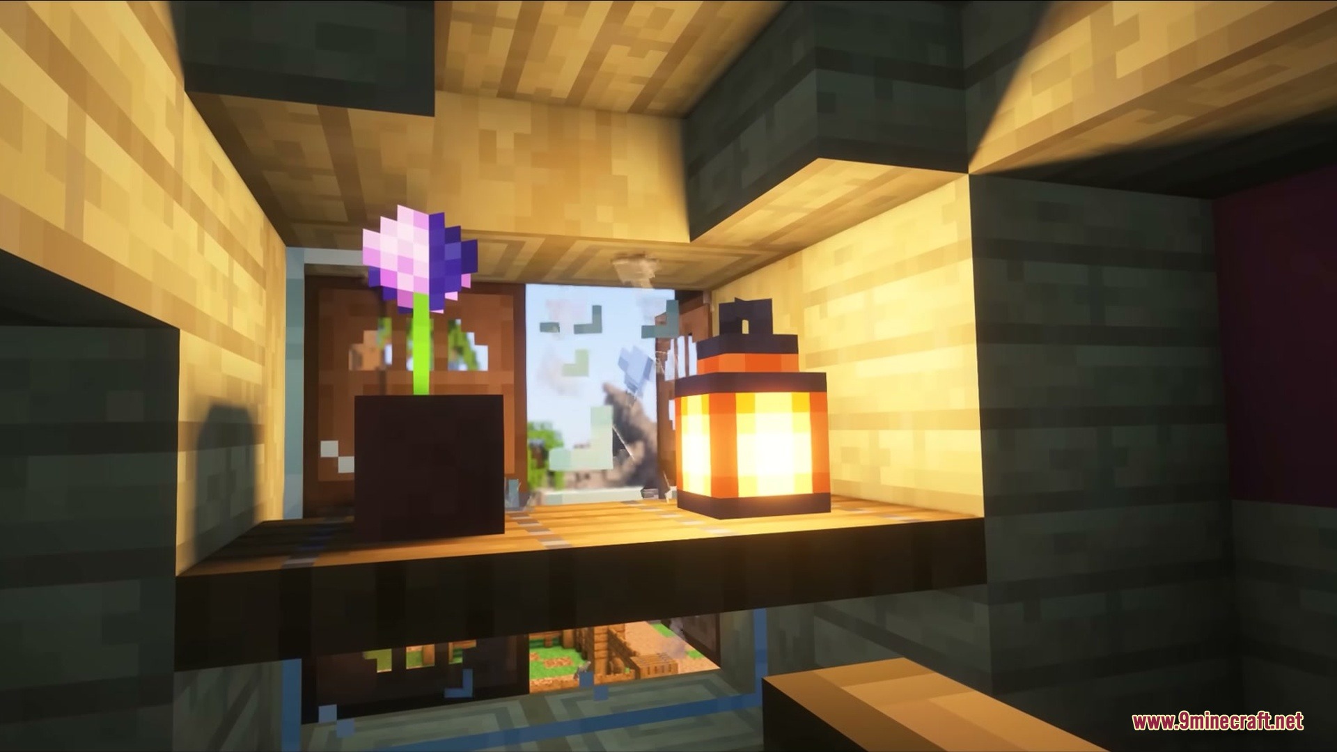 A cozy wooden shelf featuring a potted flower and a glowing lantern
