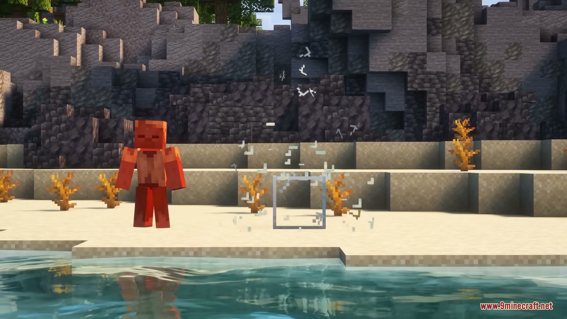 A glass block shatters into realistic 3D shards near a Minecraft husk