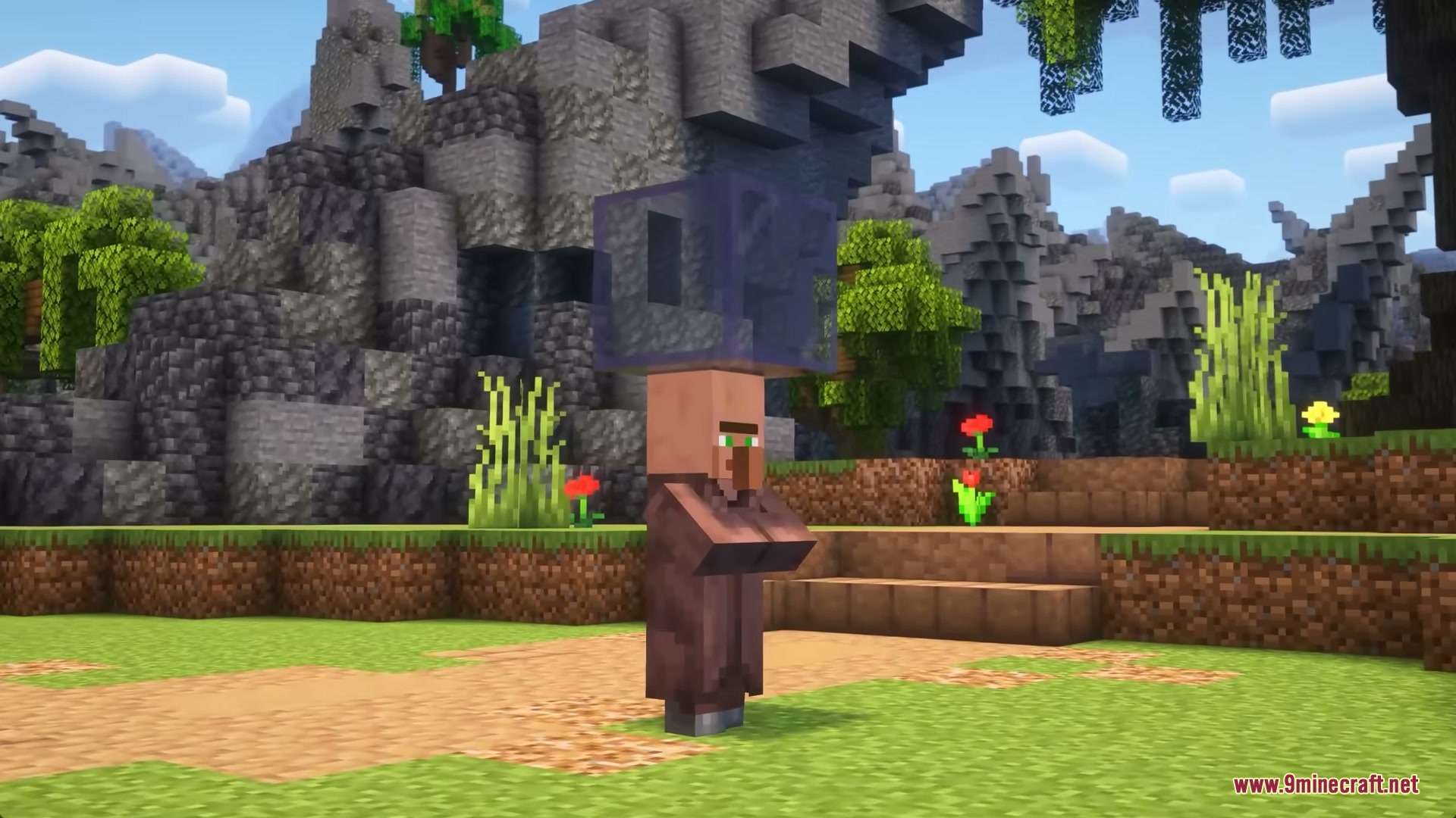 A Minecraft villager with a purple stained glass block on its head
