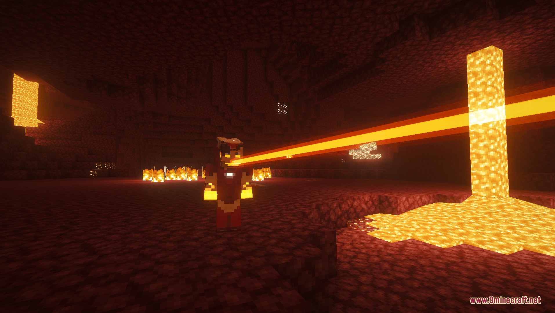 Satsu Iron Man Addon Palladium Mod Screenshot 1 Minecraft character wearing Iron Man armor firing a laser beam in the Nether