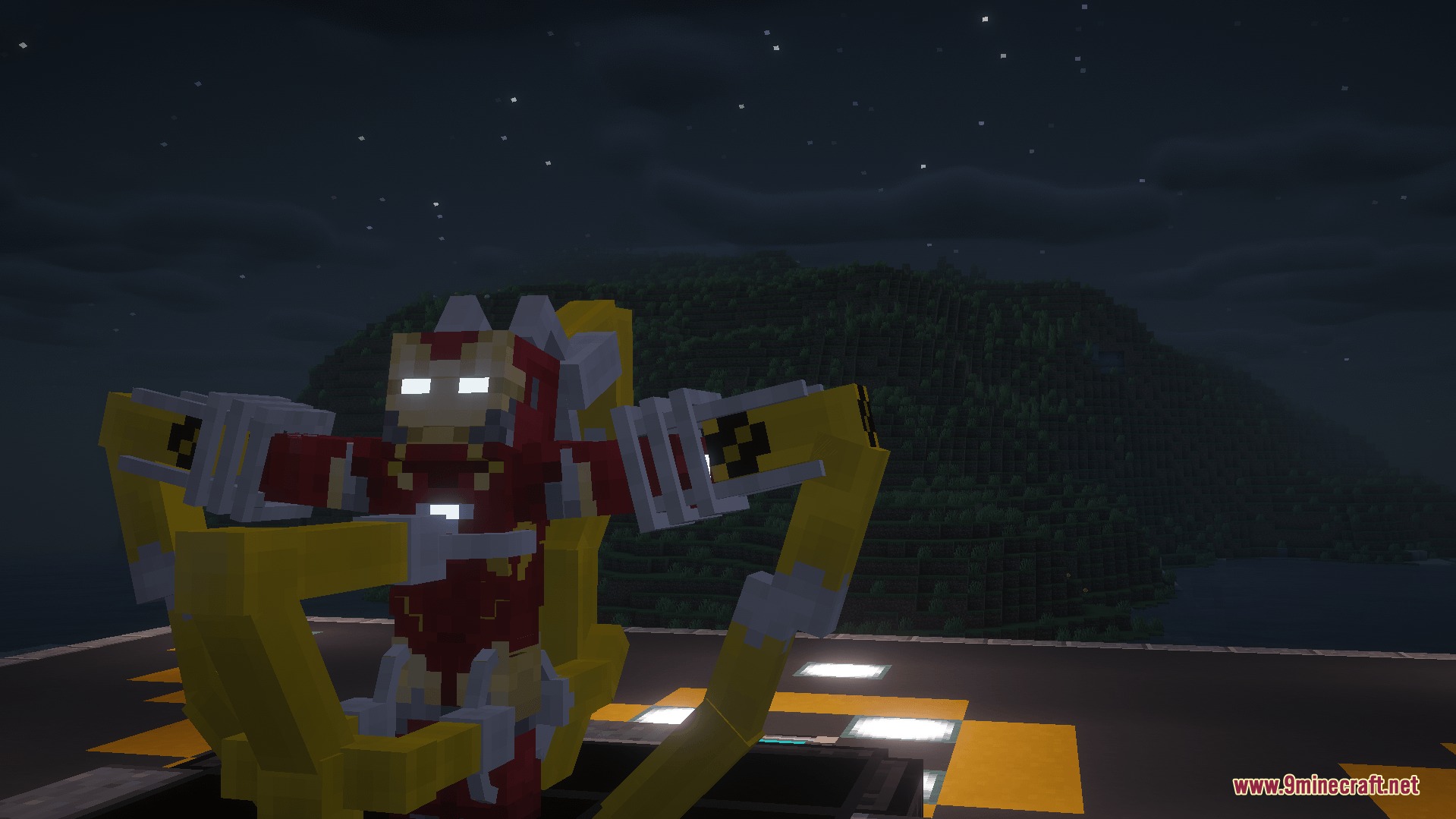 Satsu Iron Man Addon Palladium Mod Screenshot 2 Satsu Iron Man suit being put on using a gantry system at night