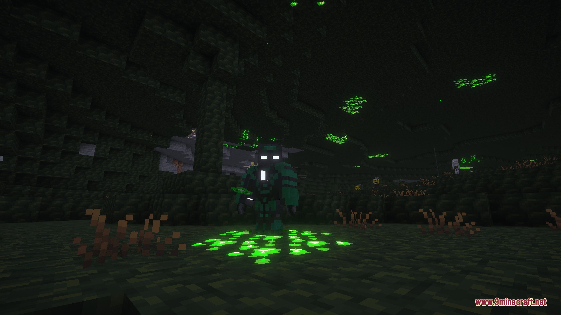 Satsu Iron Man Addon Palladium Mod Screenshot 3 A player wearing a green Satsu Iron Man suit in a dark cave
