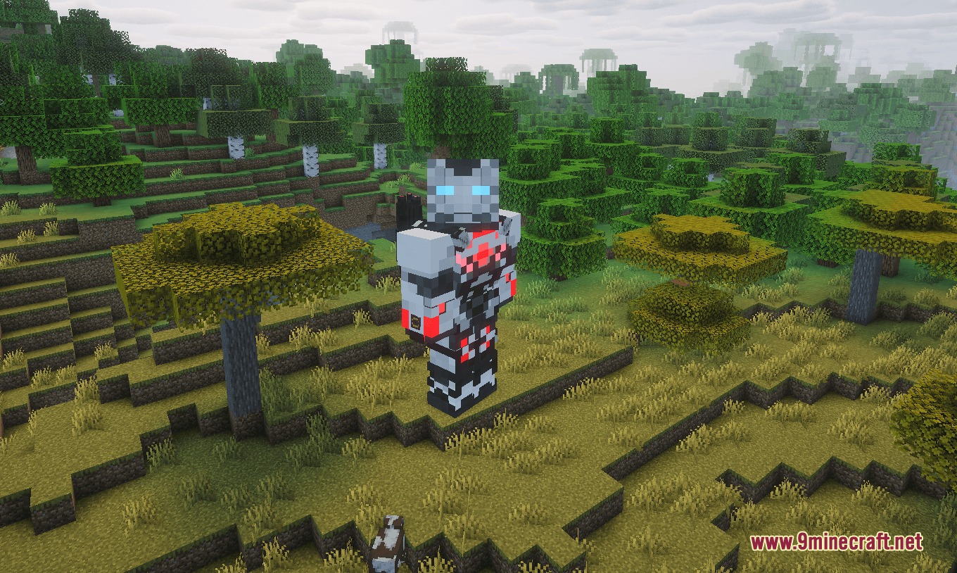 Satsu Iron Man Addon Palladium Mod Screenshot 4 A player wearing a grey and red Iron Man suit in a savanna