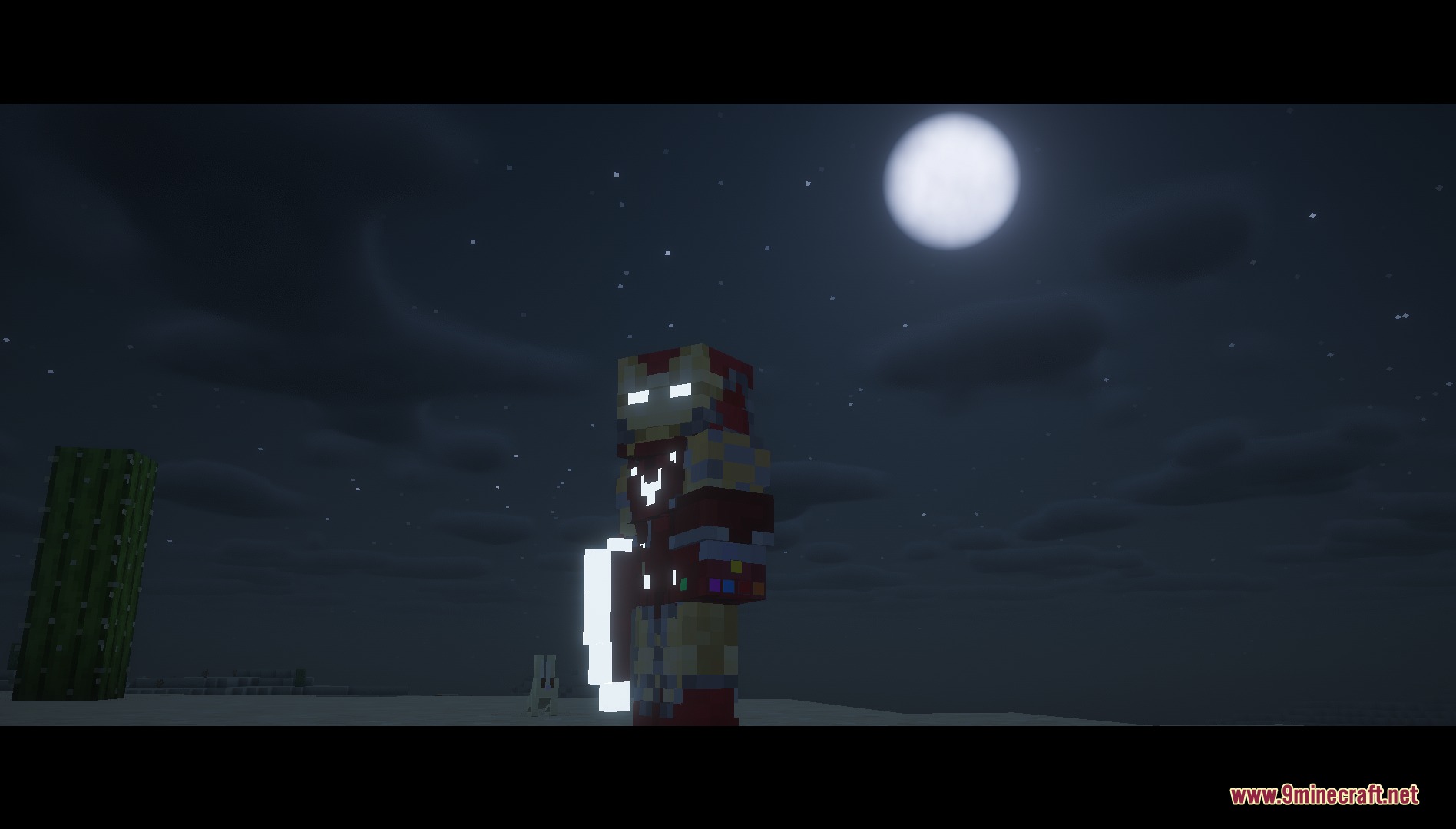 Satsu Iron Man Addon Palladium Mod Screenshot 5 A player wearing a Satsu Iron Man suit stands under the moon