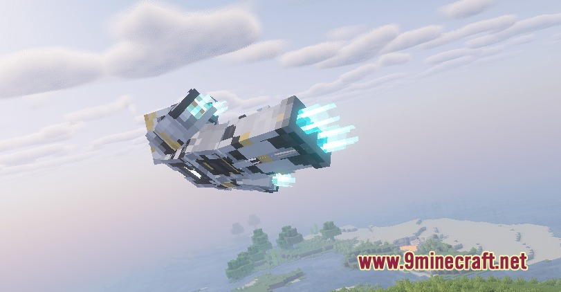 Satsu Iron Man Addon Palladium Mod Screenshot 6 An Iron Man suit flying through the sky with glowing blue thrusters