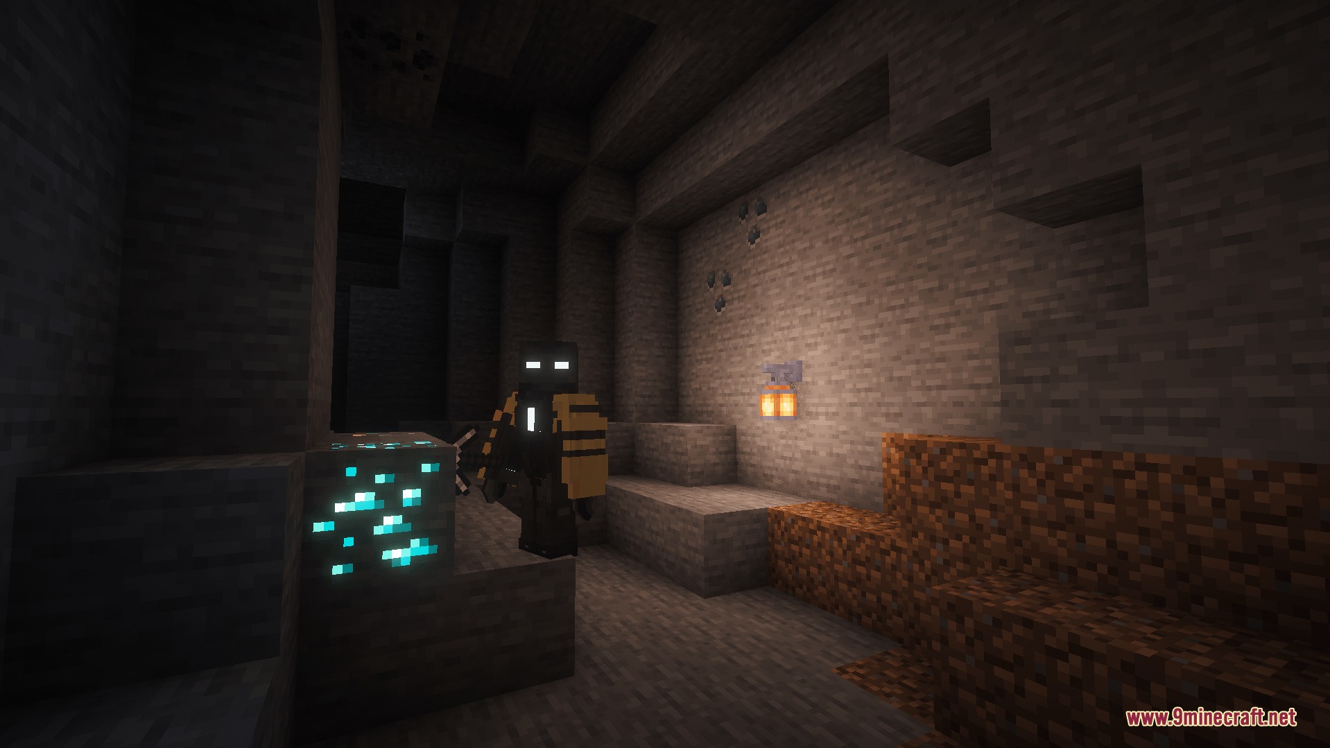 Satsu Iron Man Addon Palladium Mod Screenshot 7 Player wearing Satsu Iron Man suit stands near diamond ore in a dark cave