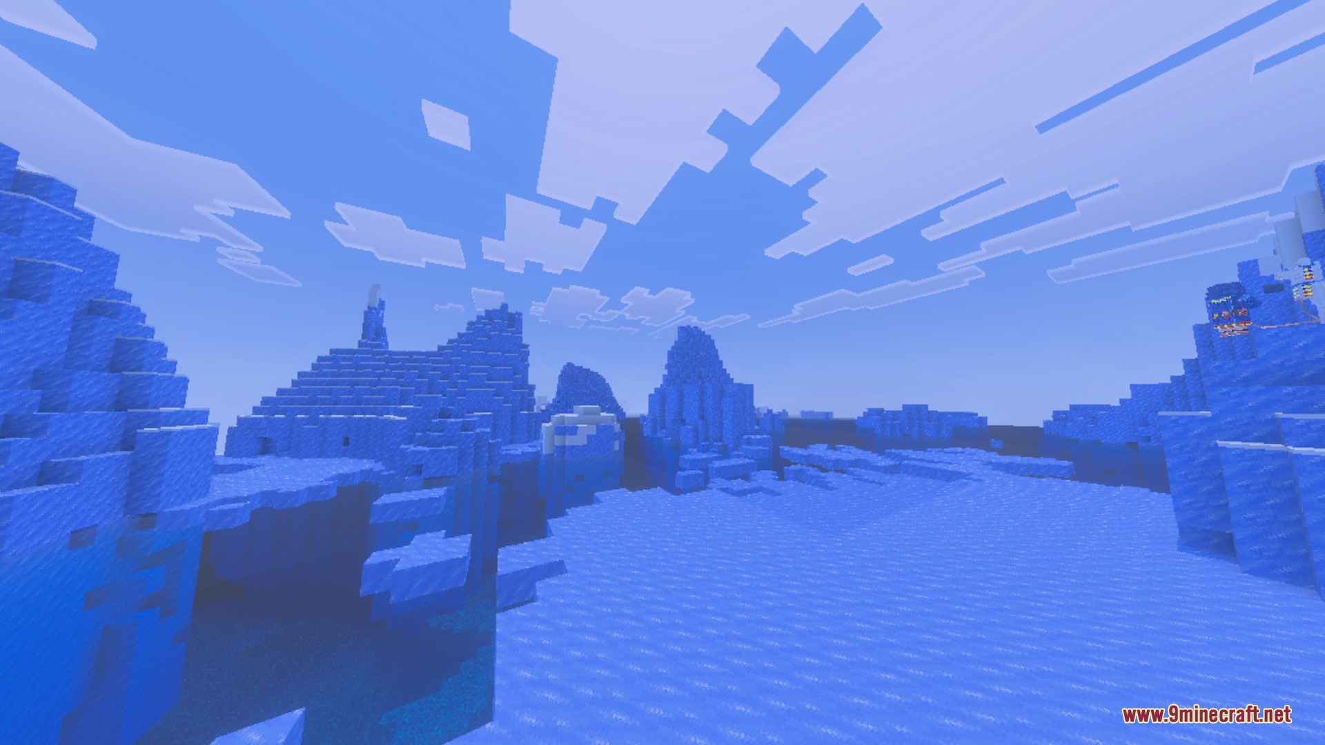Saturated Visual Zephyr Free Lag Shader Screenshot 2 Bright blue ice spikes and frozen landscape under a clear daytime sky