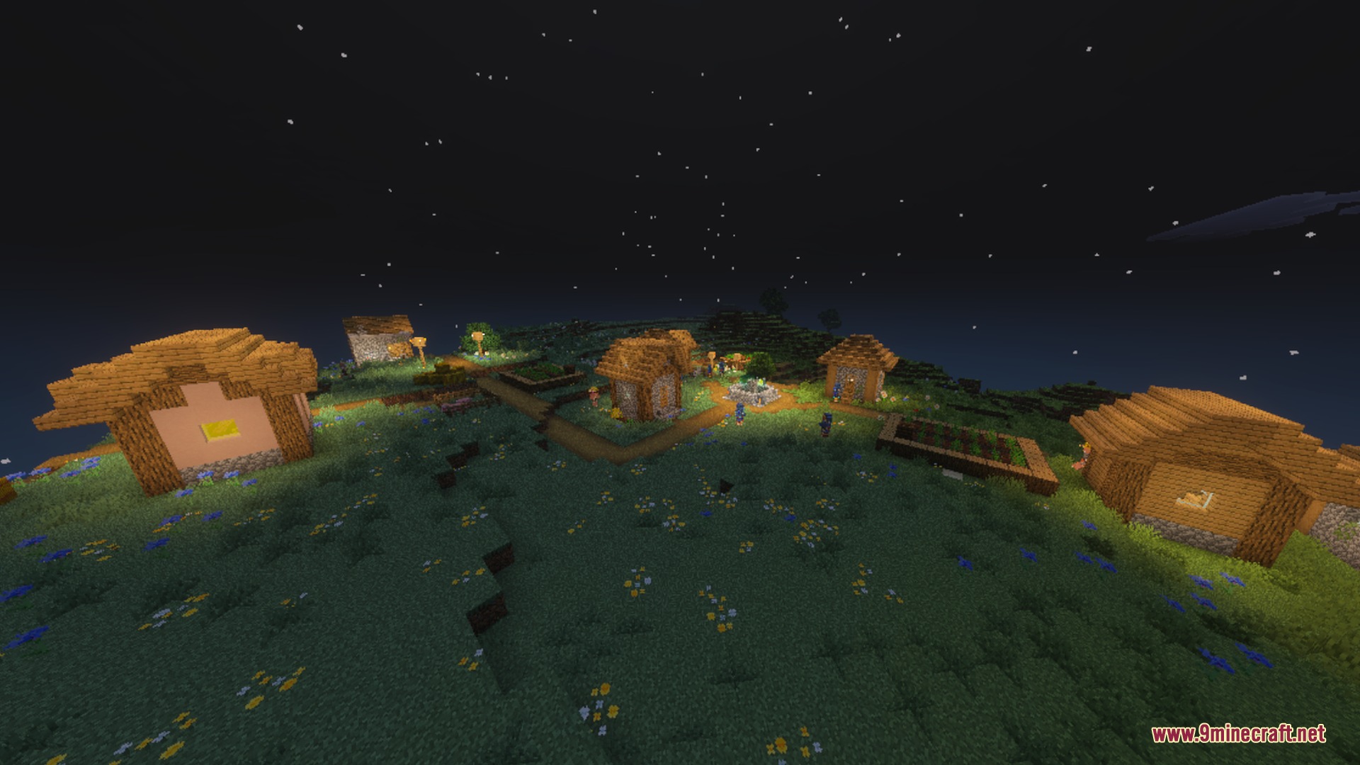 Saturated Visual Zephyr Free Lag Shader Screenshot 3 A cozy Minecraft village illuminated by warm lights under a starry night sky