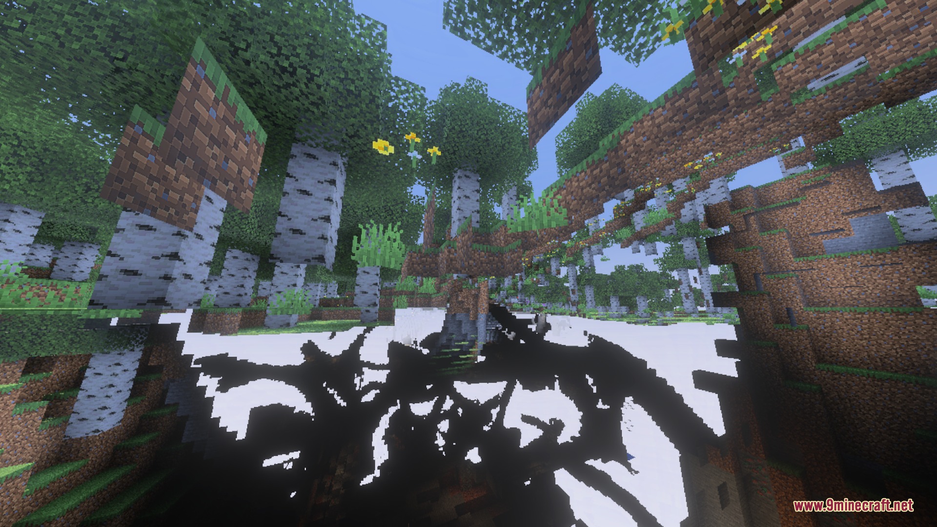 Saturated Visual Zephyr Free Lag Shader Screenshot 7 Glitched view of a birch forest with transparent ground and floating grass blocks