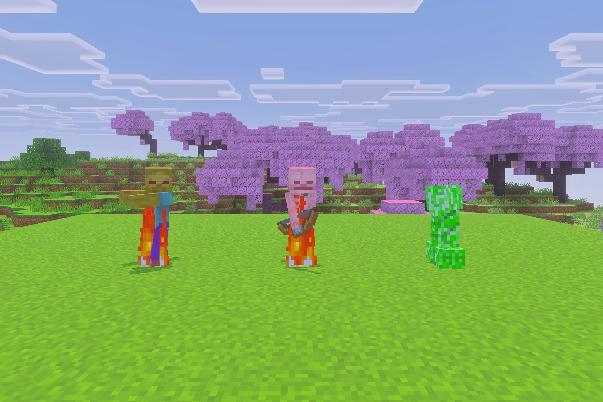 Burning zombie and skeleton standing next to a creeper in the sunlight