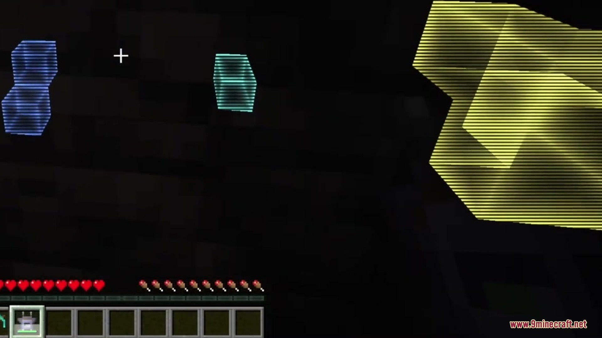 Scannable Reforged Mod Screenshot 4 Glowing wireframe boxes reveal hidden blocks and entities through walls in the dark