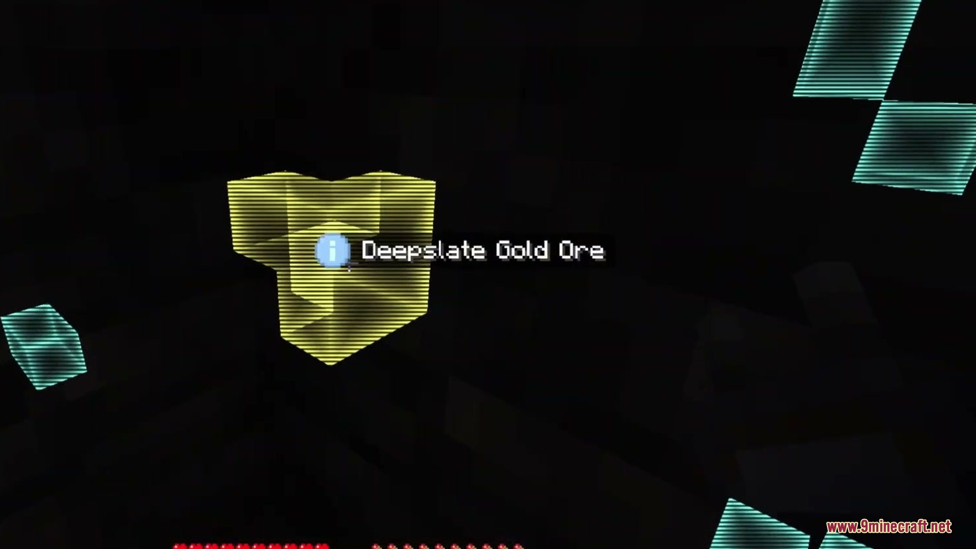 Scannable Reforged Mod Screenshot 5 Handheld scanner highlights a Deepslate Gold Ore block in a dark cave