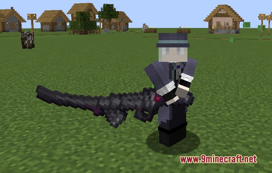 Scarlet Jetstream Edge Mod Screenshot 1 A Minecraft character wielding a massive dark grey Murasama sword in a village
