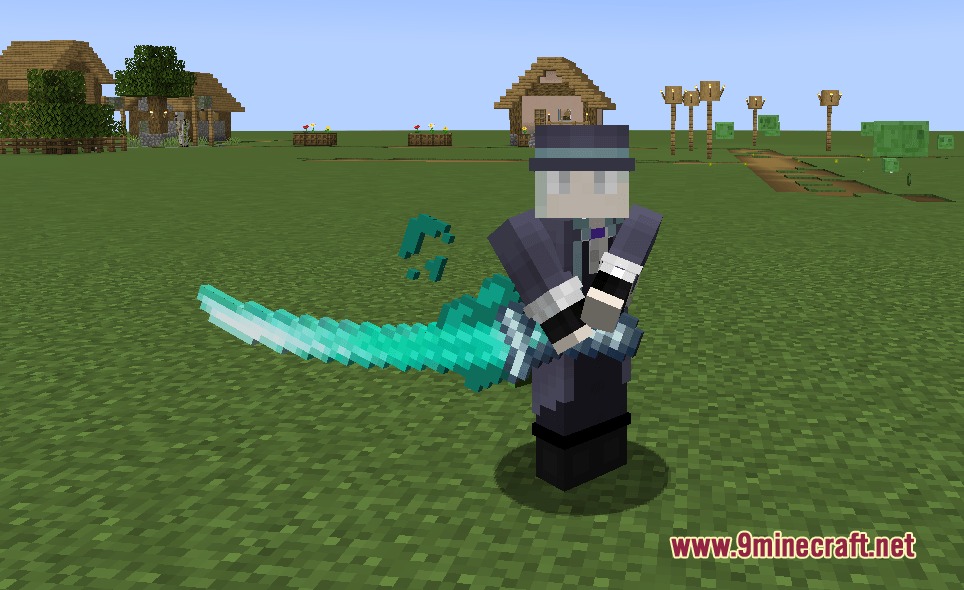 Scarlet Jetstream Edge Mod Screenshot 4 A player wielding a glowing cyan elemental blade variant in a village field
