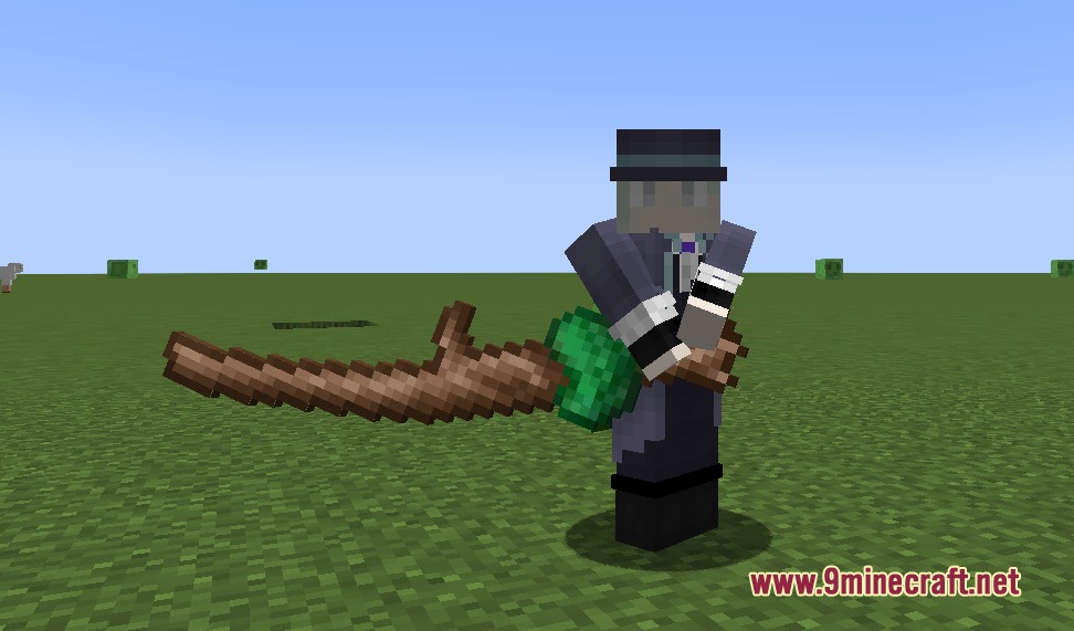 Scarlet Jetstream Edge Mod Screenshot 7 A Minecraft player holding a large wooden sword variant in an open field