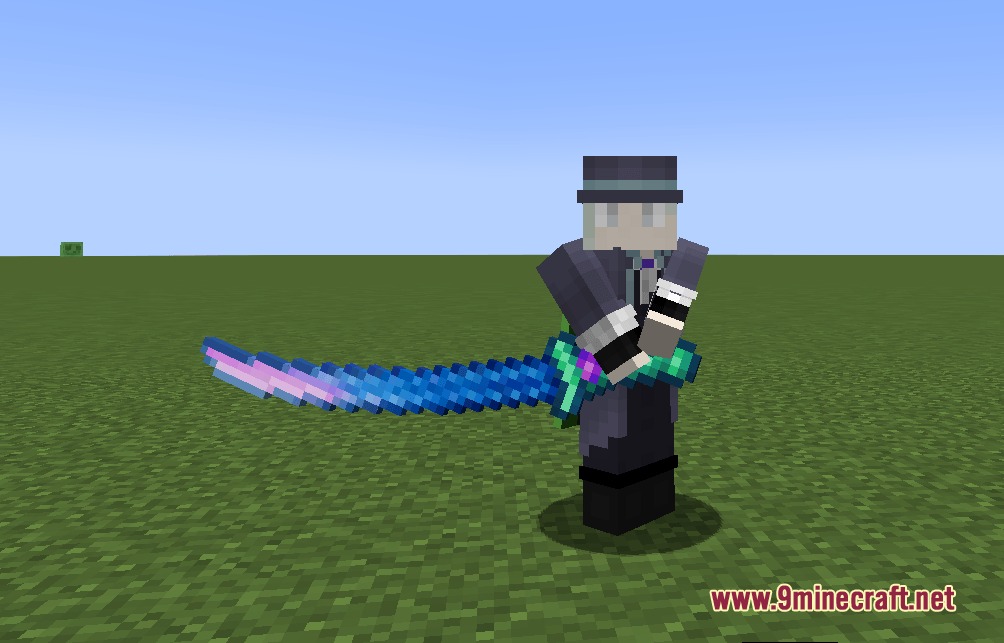 Scarlet Jetstream Edge Mod Screenshot 8 A Minecraft player wielding a glowing blue and purple elemental sword variant