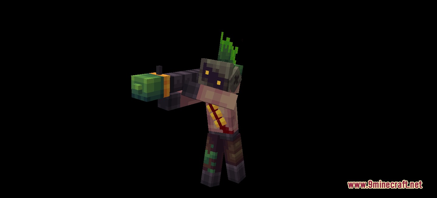 A steampunk survivor mob aiming a large green rocket launcher in Minecraft