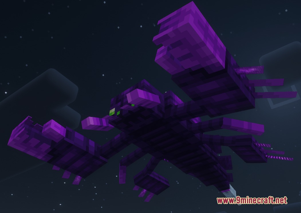 A massive purple flying scorpion creature soaring through the dark night sky