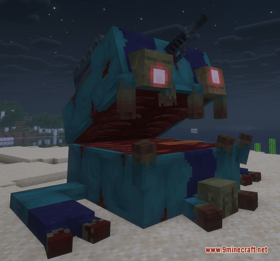 Massive Armored Whale monster with glowing eyes opens its mouth at night