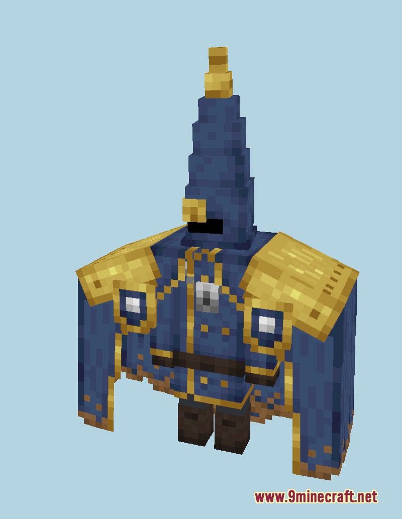 Blue armored soldier with a tall pointed helmet and gold shoulder pads
