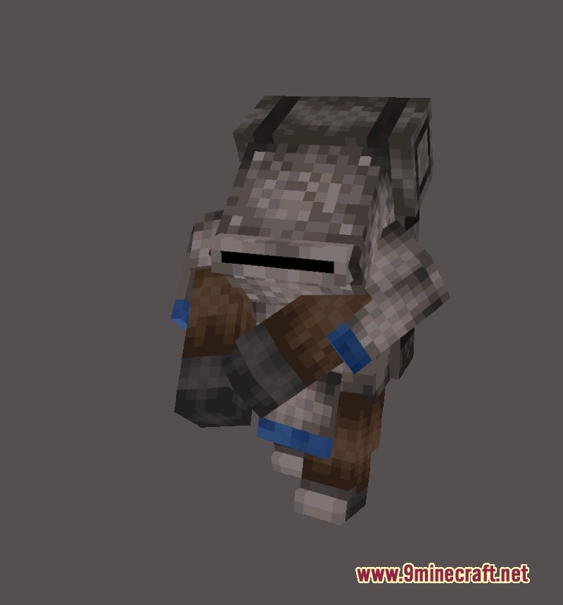 Grey mechanical mob with a rectangular head and blue wrist bands