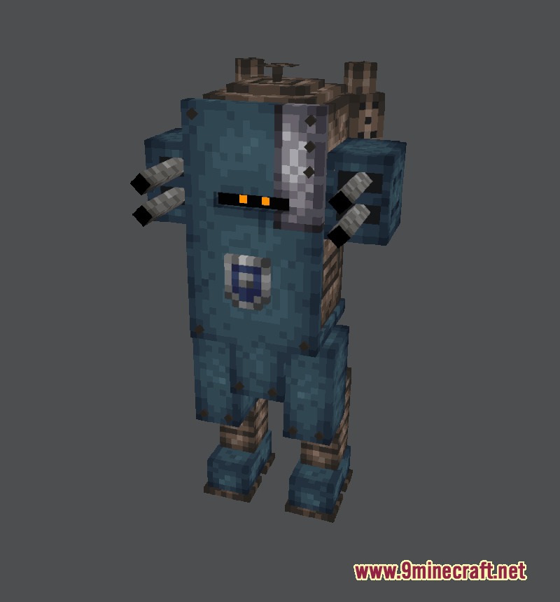 Large blue armored mechanical enemy with multiple gun barrels and orange eyes