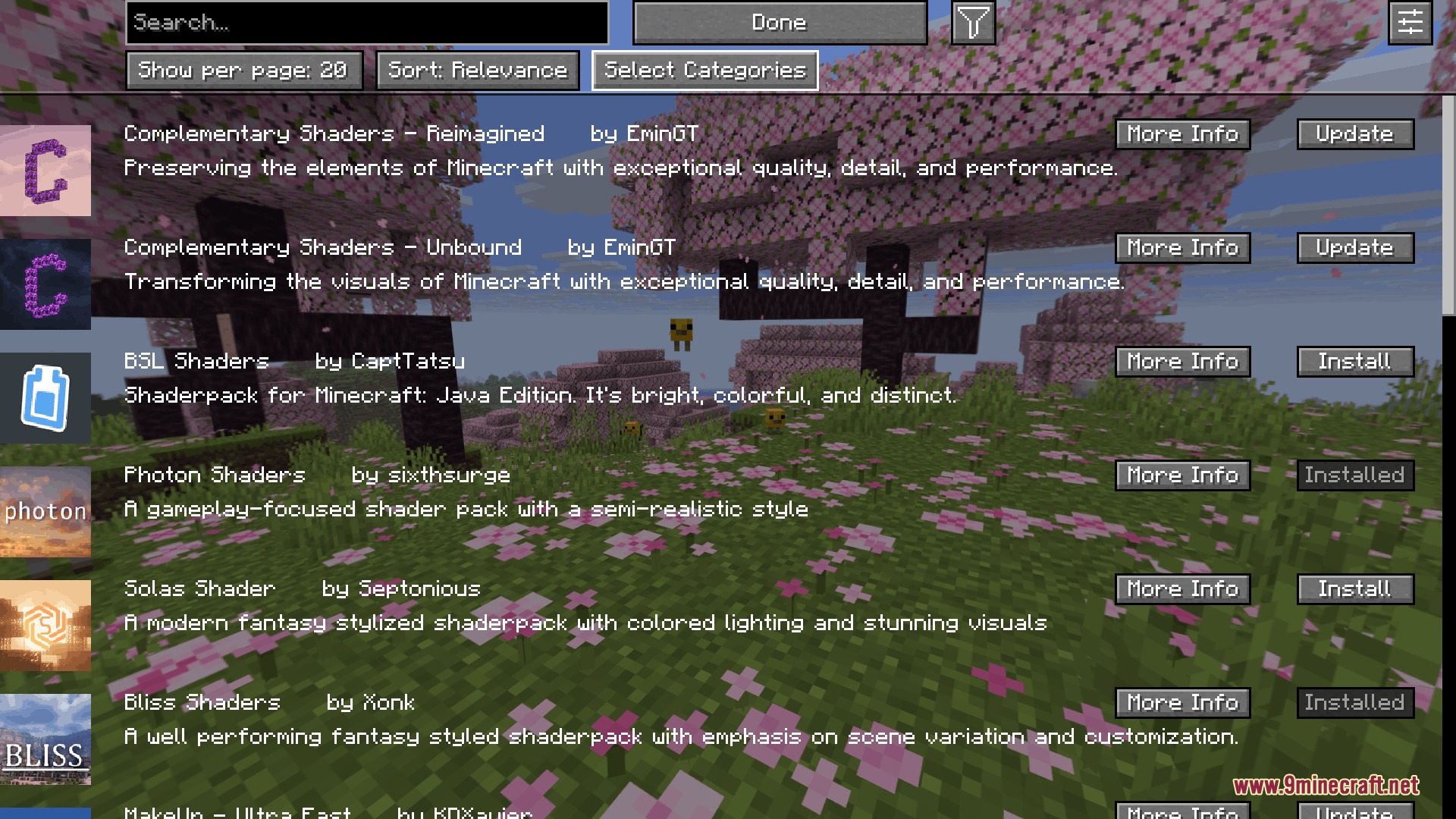 A list of available shader packs displayed in the in game download menu