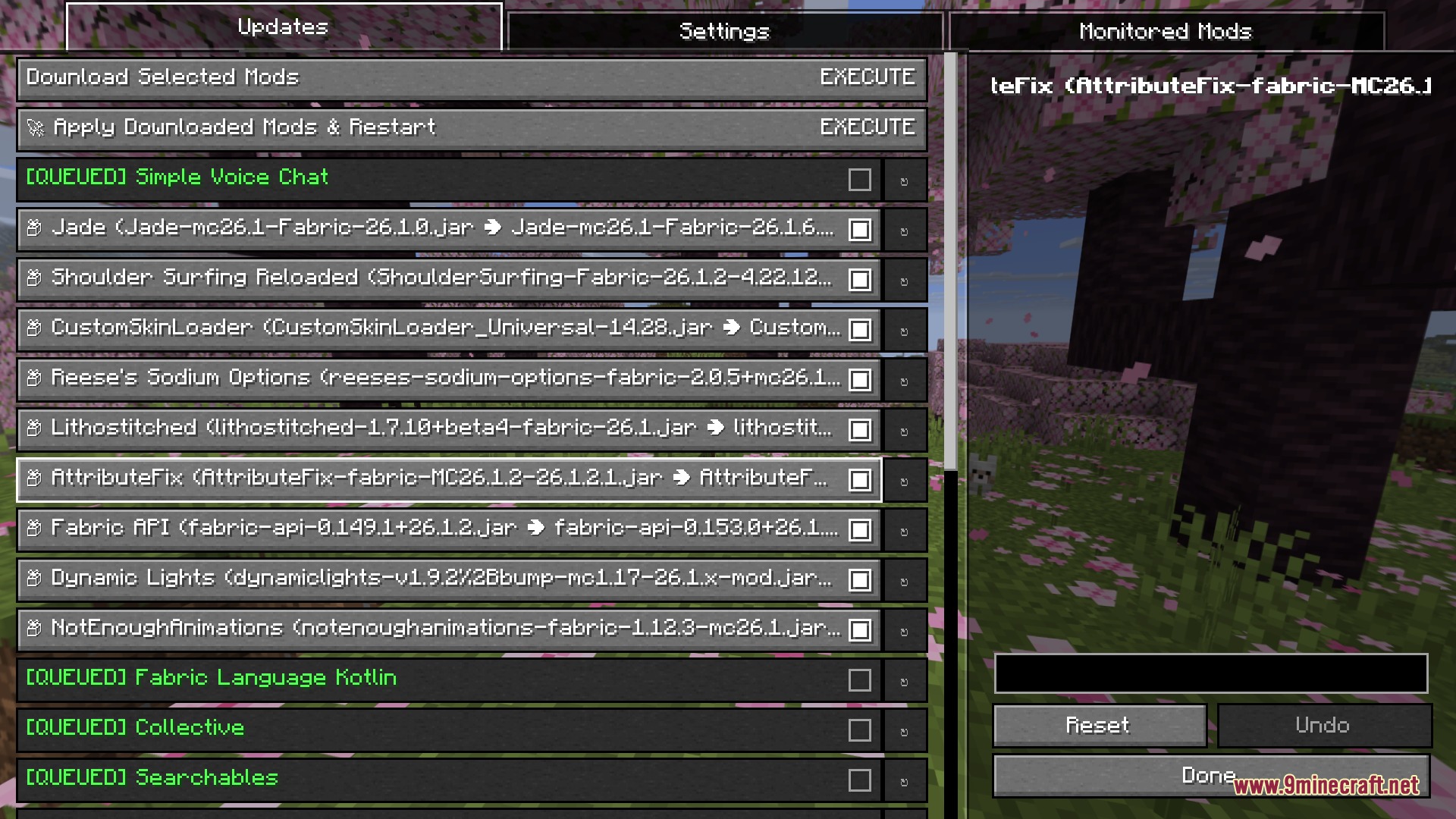 Managing mod updates and downloads through a specialized in game interface screen