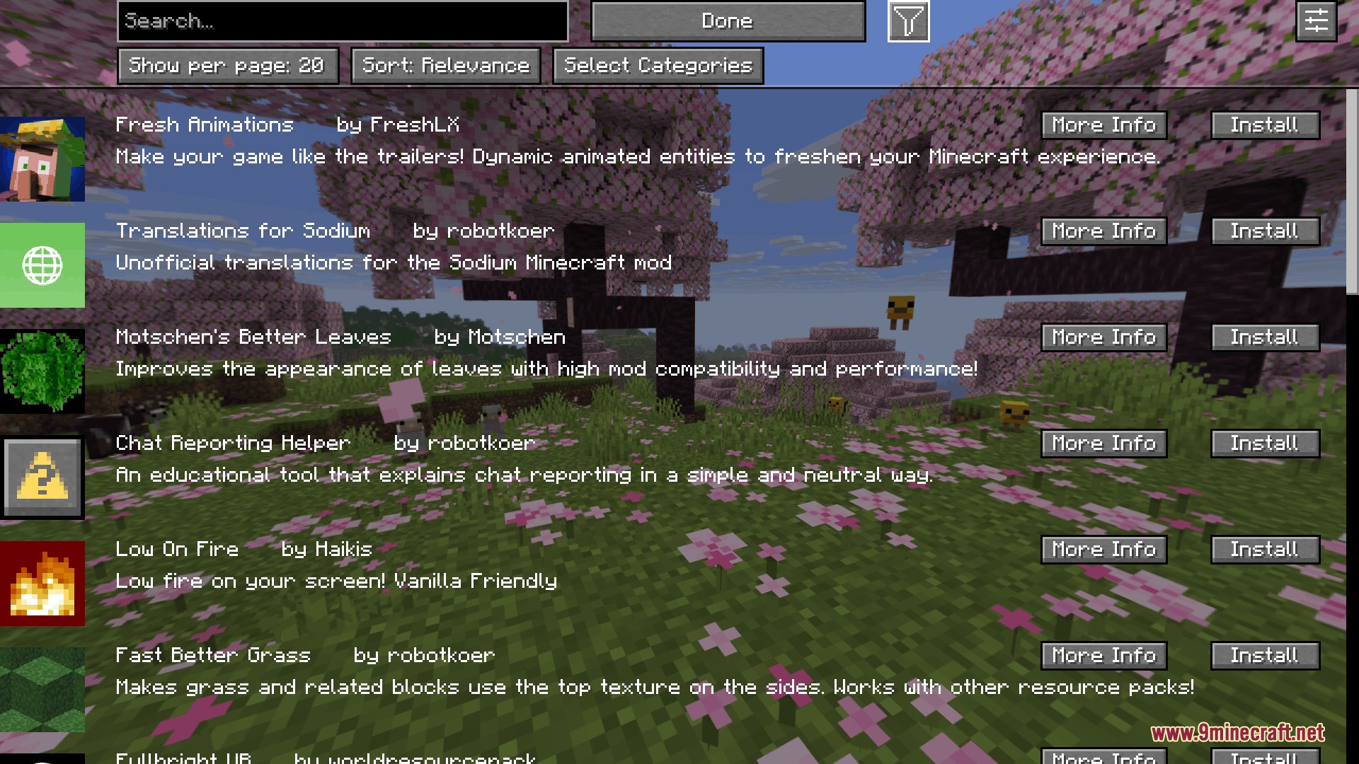 A list of available mods and resource packs with install buttons in game