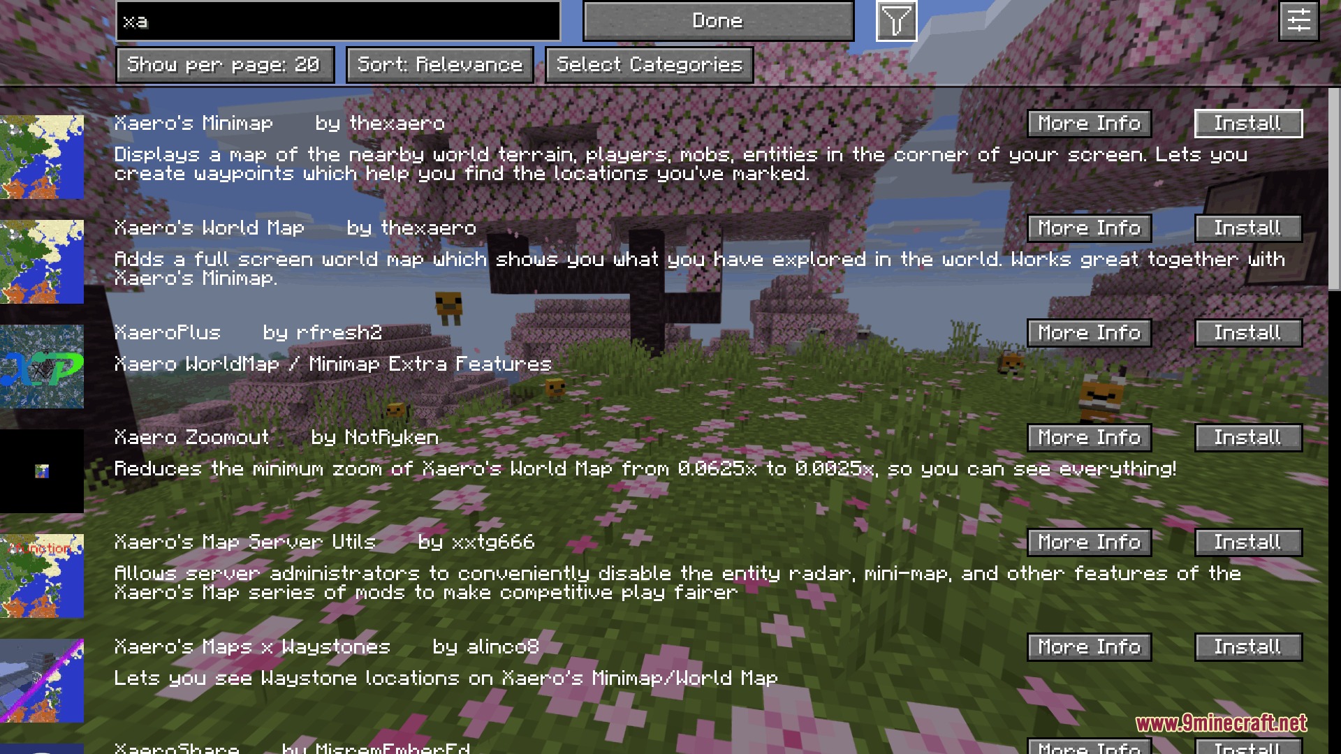 Browsing a list of available mods to install within the game menu