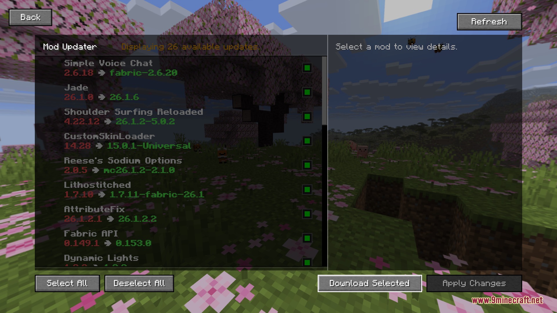 Seamless Flux Link Mod interface displaying a list of available mod updates