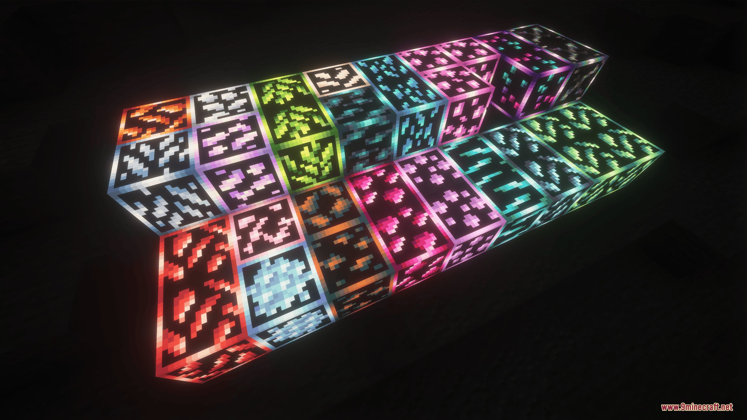 Various Minecraft ore blocks with connected glowing outlines in a dark setting