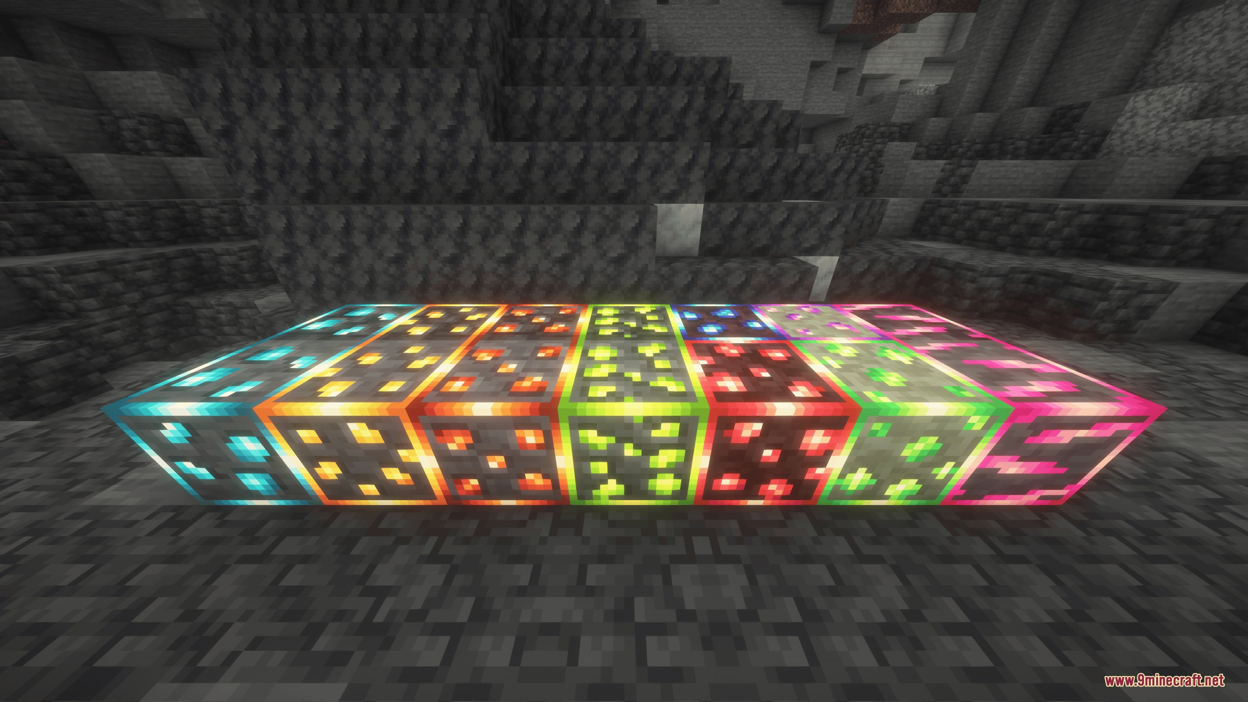 A row of Minecraft ores with connected glowing borders on stone ground