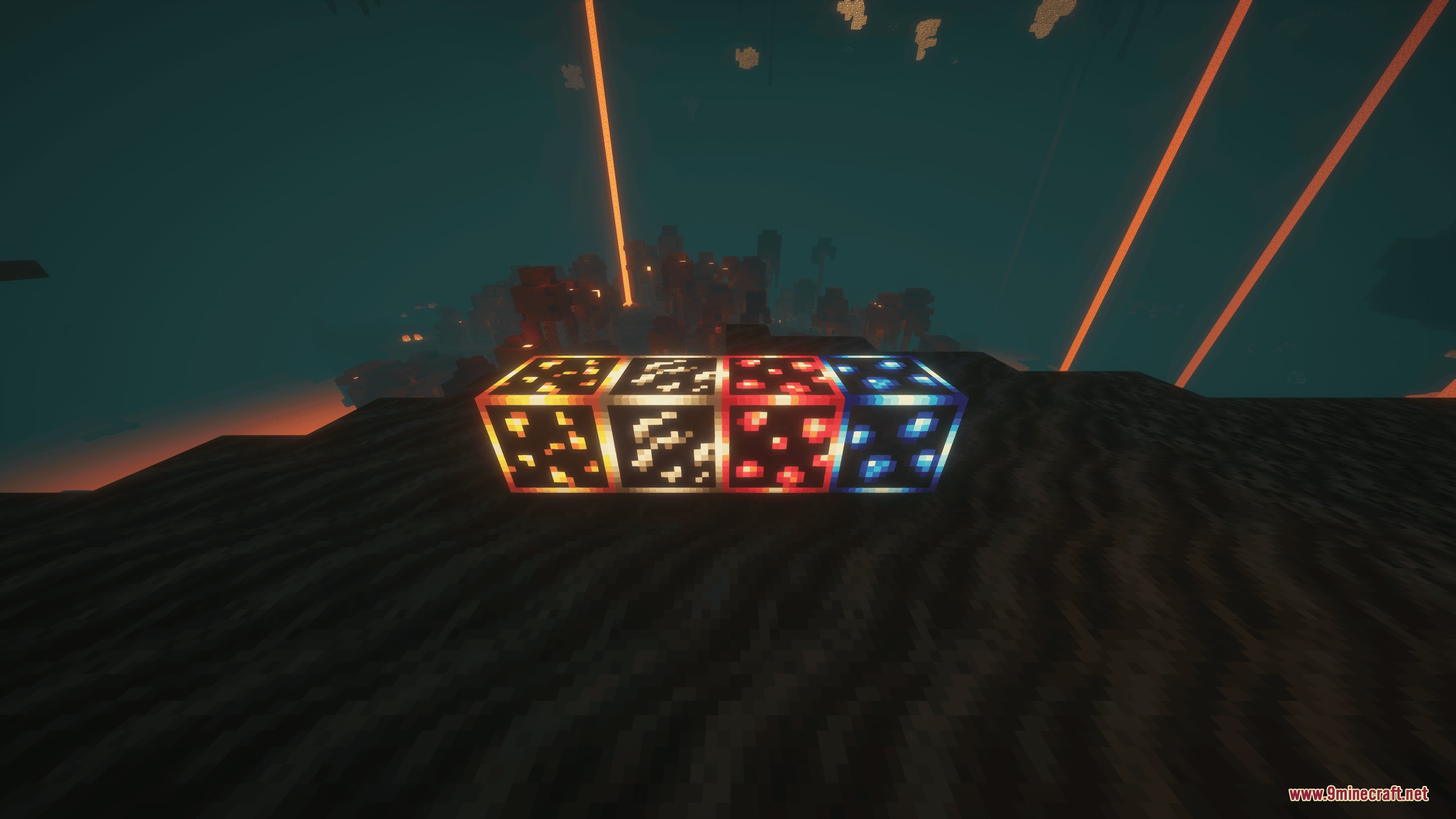 Four glowing ore blocks sitting on a dark hill with lava pillars