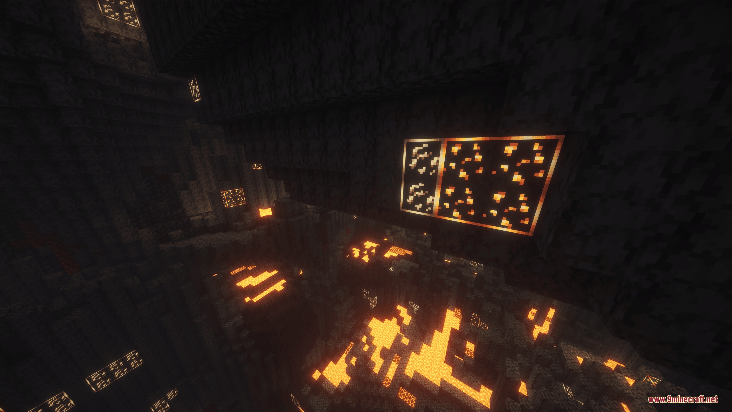 Connected glowing ore veins illuminating the walls and floor of a cave