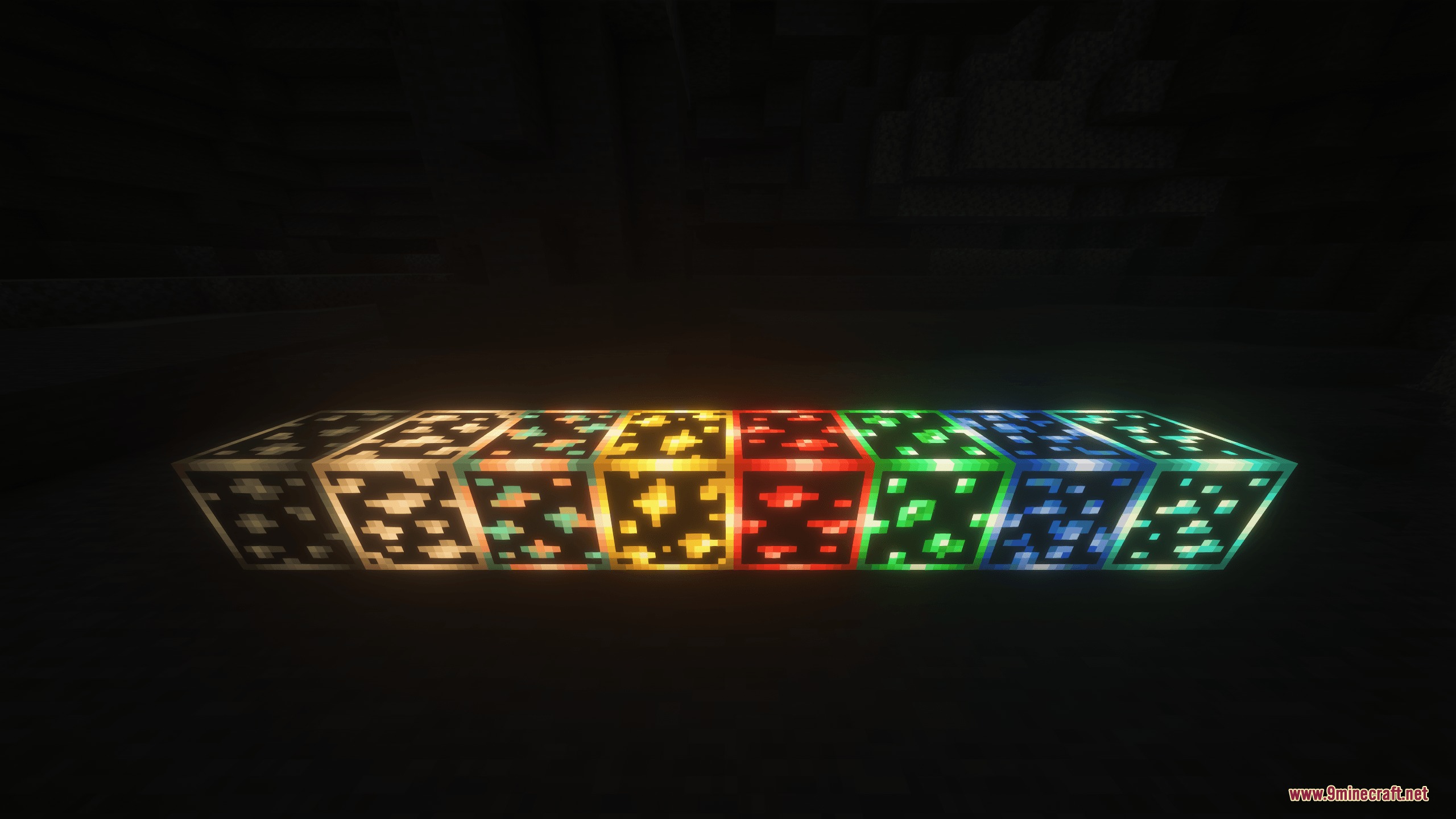 A line of different glowing ore blocks with vibrant colored borders