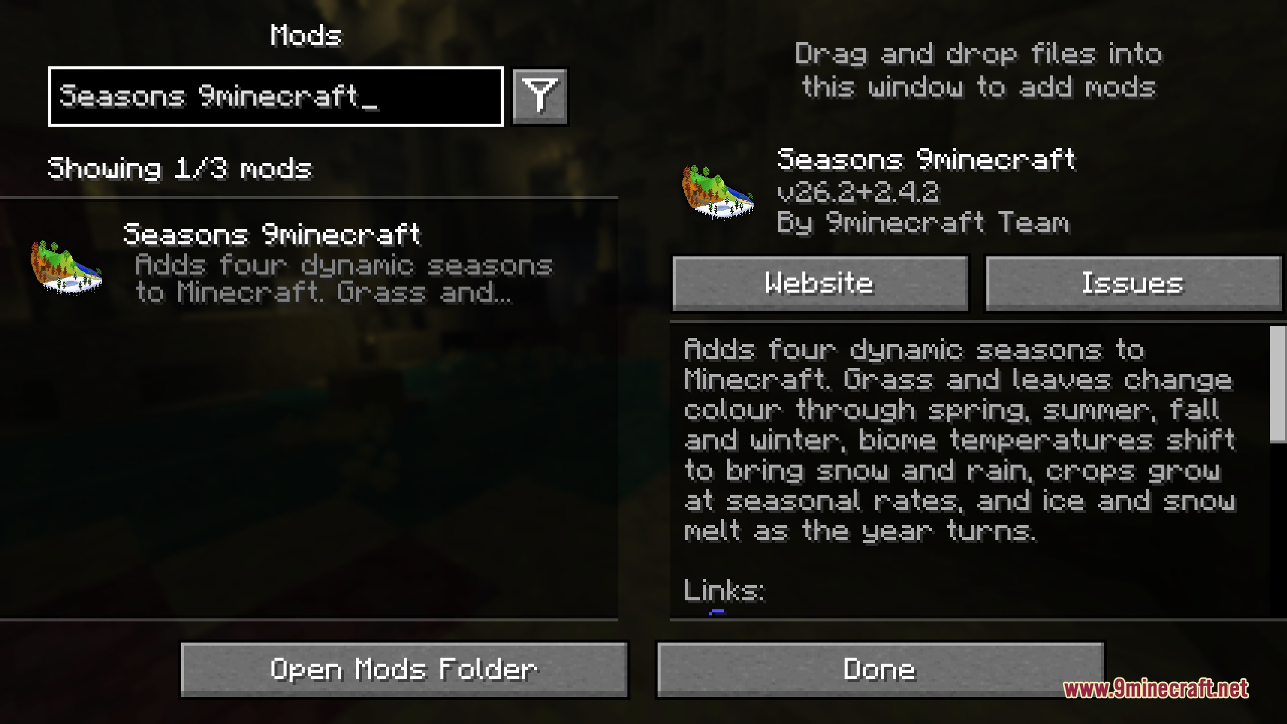 Seasons 9minecraft Mod Screenshot 1 The mod menu interface displays details and features for the Seasons mod