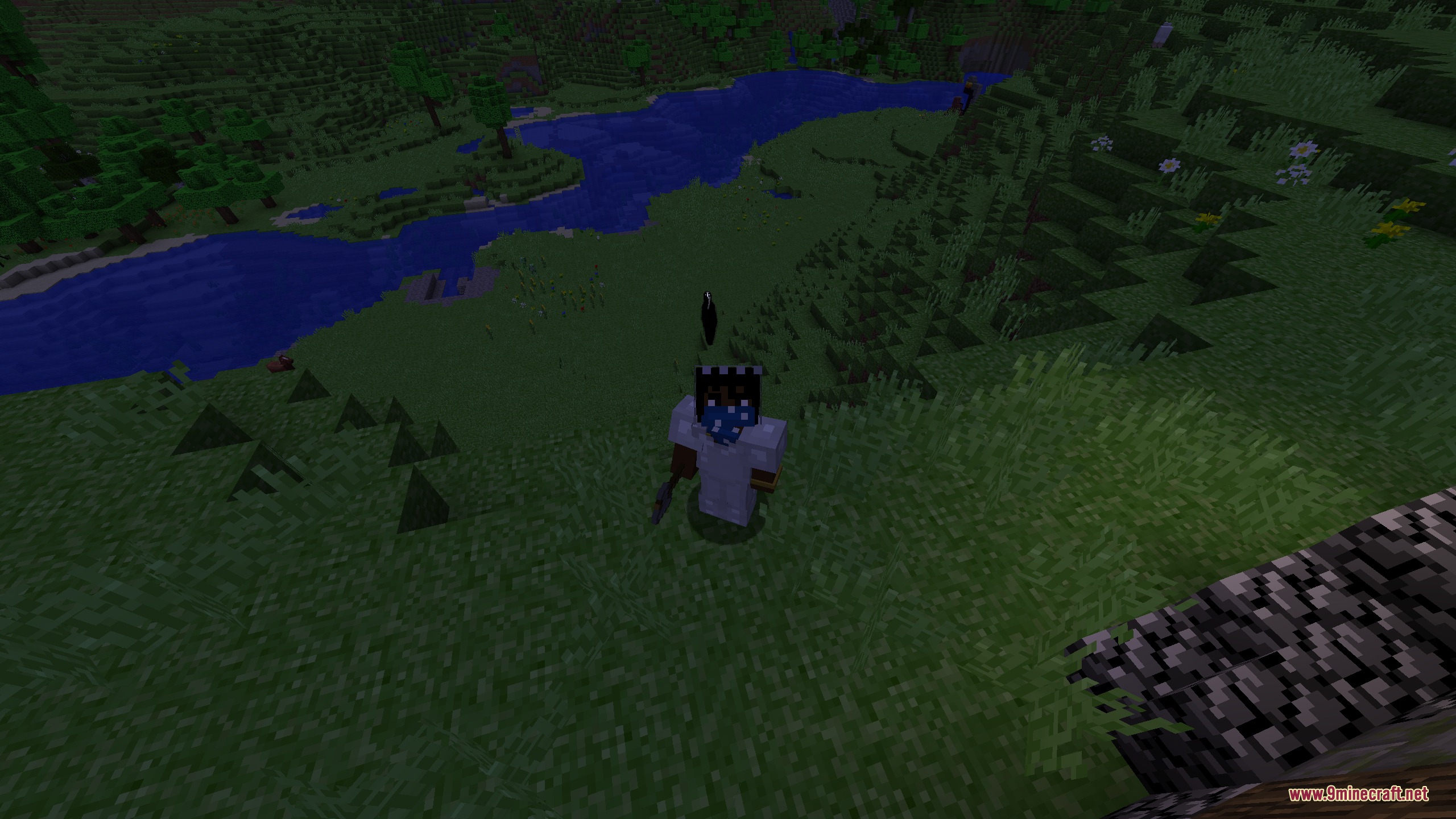 Sentient Circuitry Resource Pack Screenshot 2 A player in armor watches a mysterious dark figure near a river