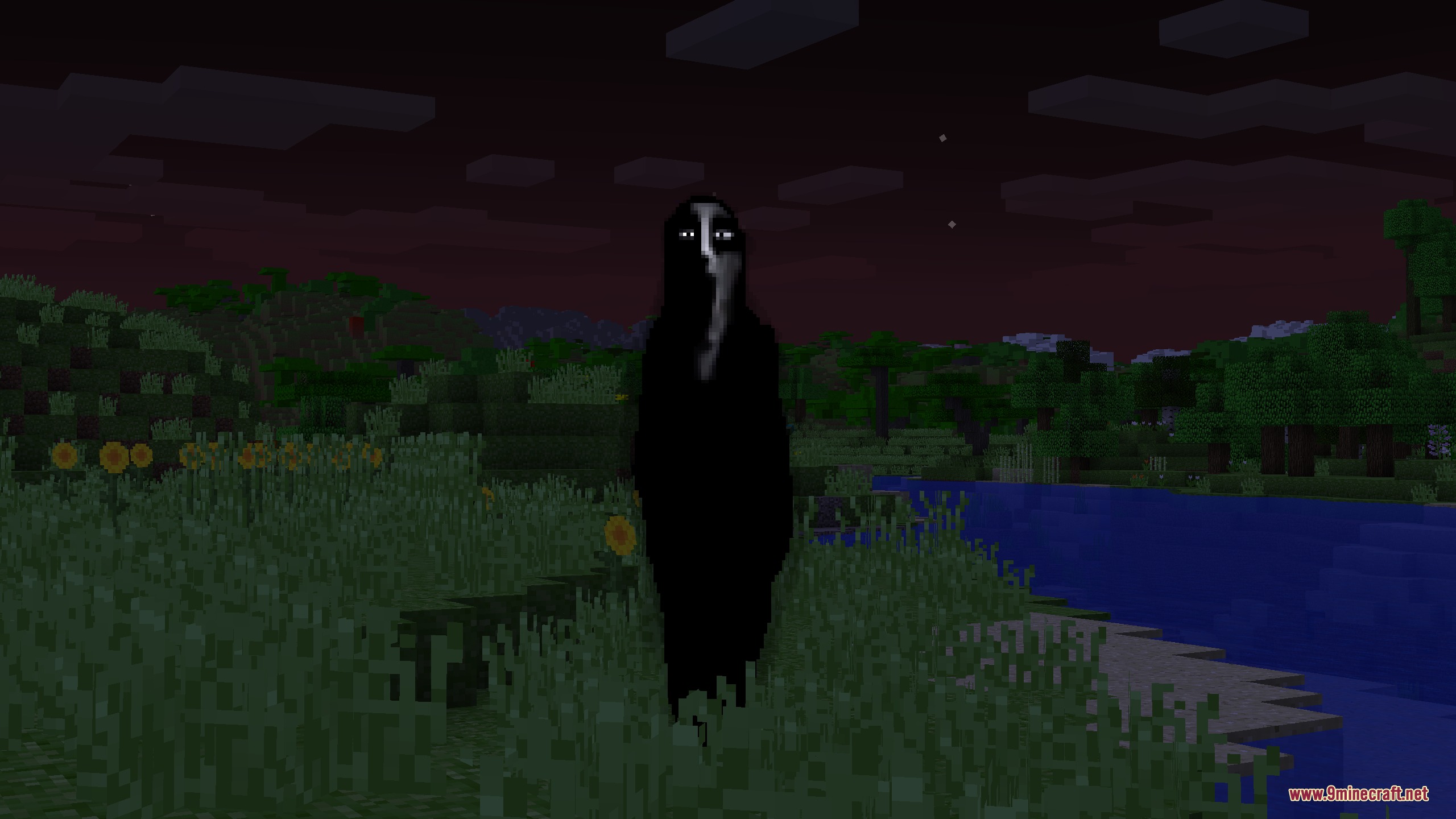 Sentient Circuitry Resource Pack Screenshot 3 A tall dark mob with an eerie white face stands in a field