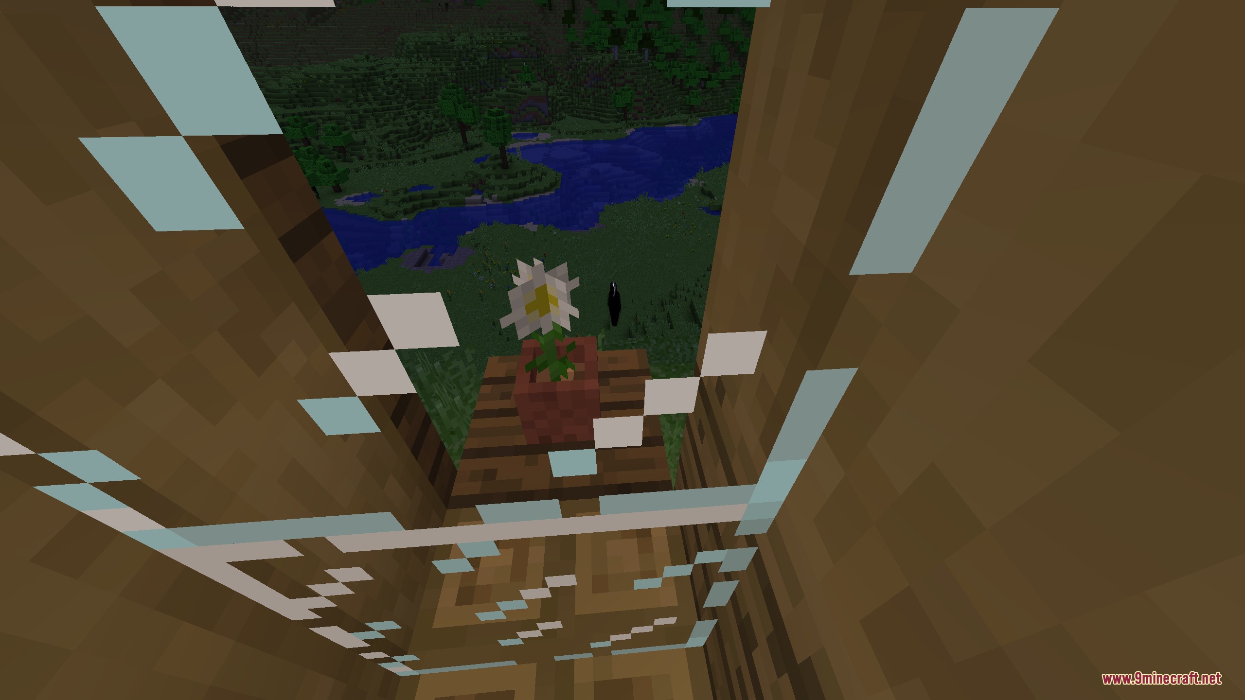 Sentient Circuitry Resource Pack Screenshot 5 Looking through a glass window at a flower pot and a shadowy figure