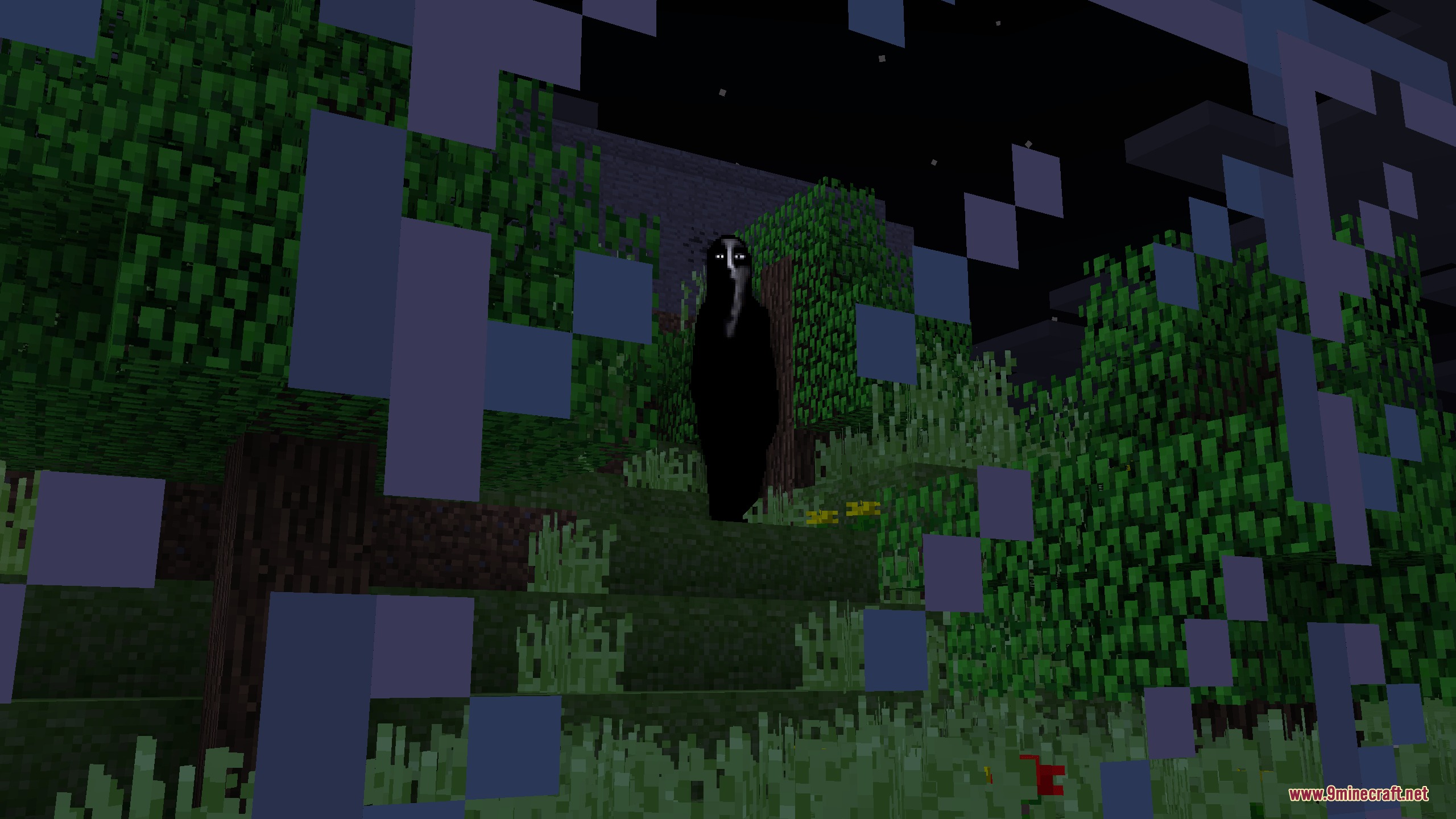 Sentient Circuitry Resource Pack Screenshot 7 A tall dark entity with a creepy face lurking in a dark forest