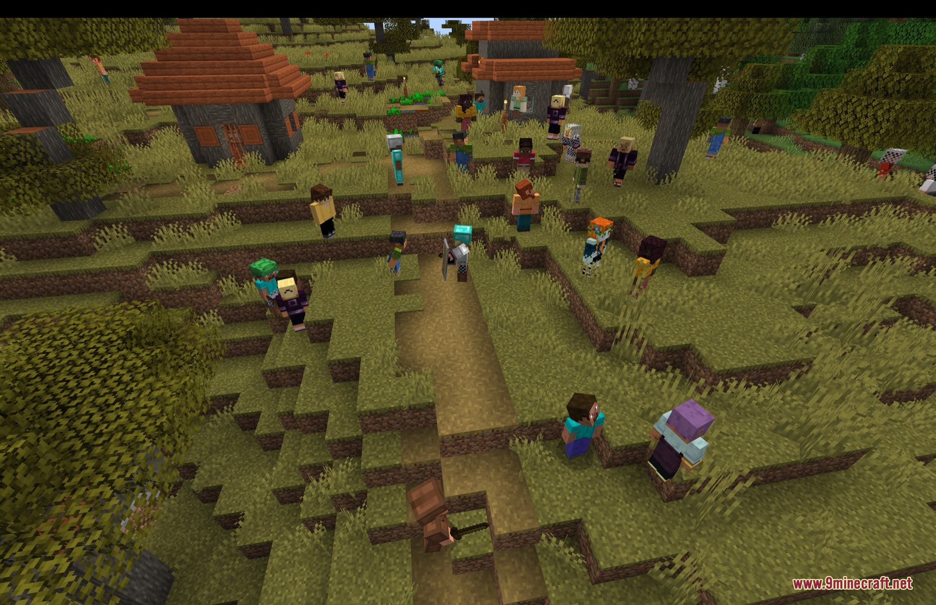 A large crowd of player like mobs gathering in a savanna village area