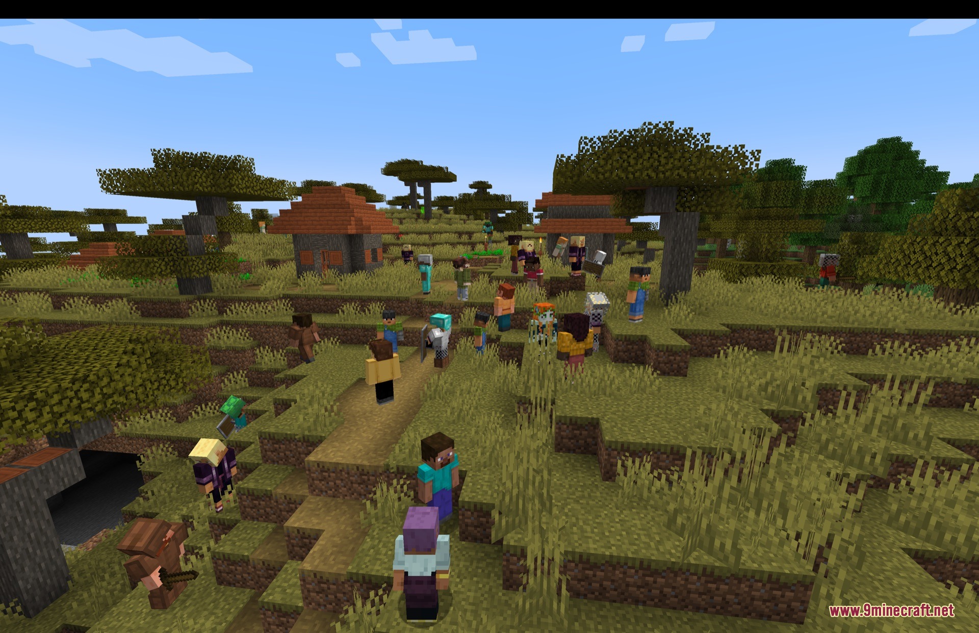 Many humanoid mobs with different skins explore a village in the savanna biome
