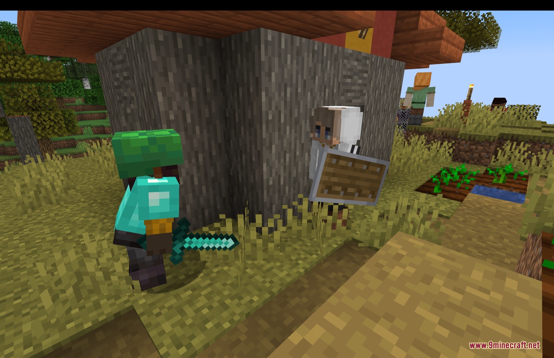 A mob in diamond armor confronts another mob holding a wooden shield