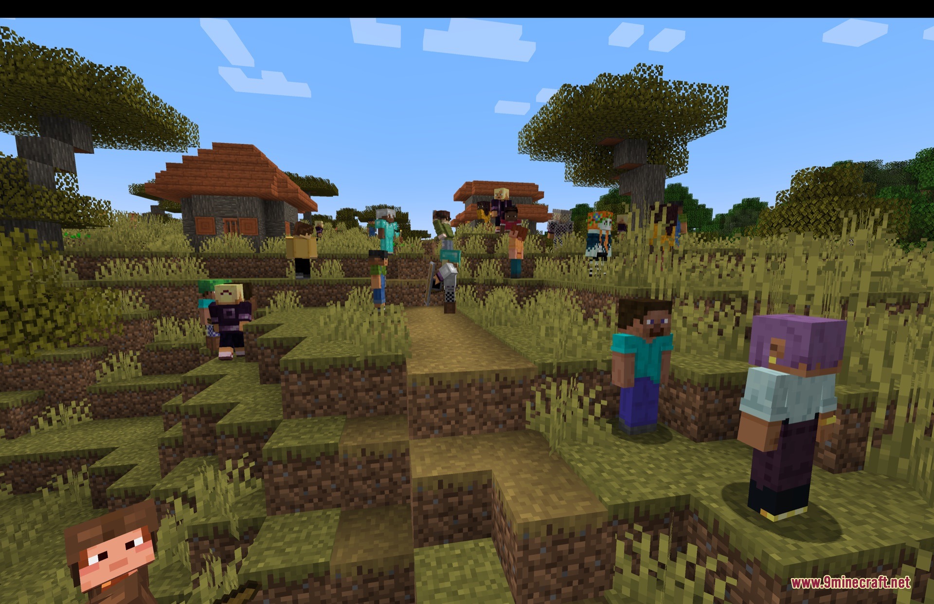 Various player like mobs explore a savanna village and interact together