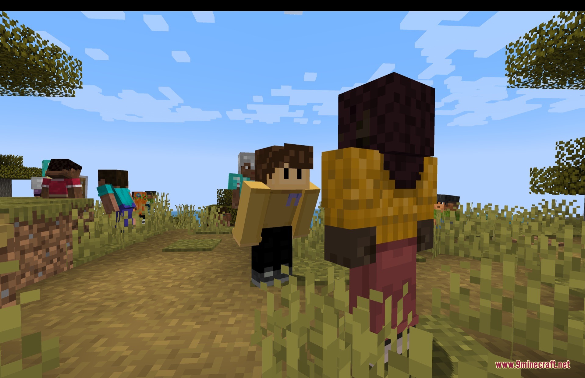 Two humanoid mobs with unique skins standing on a dirt path