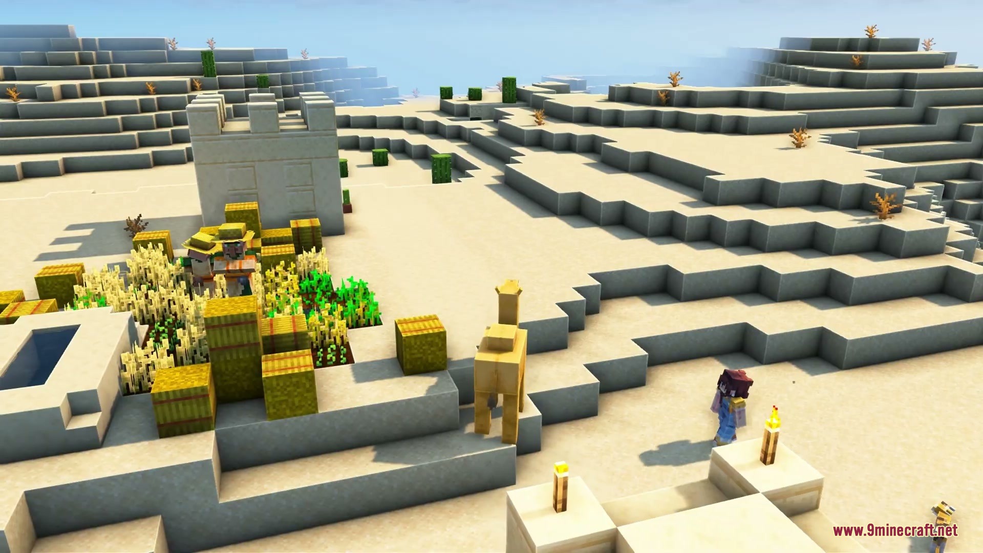 Serene Horizon Glow Resource Pack Screenshot 1 Villagers and a camel near a desert farm with soft warm lighting