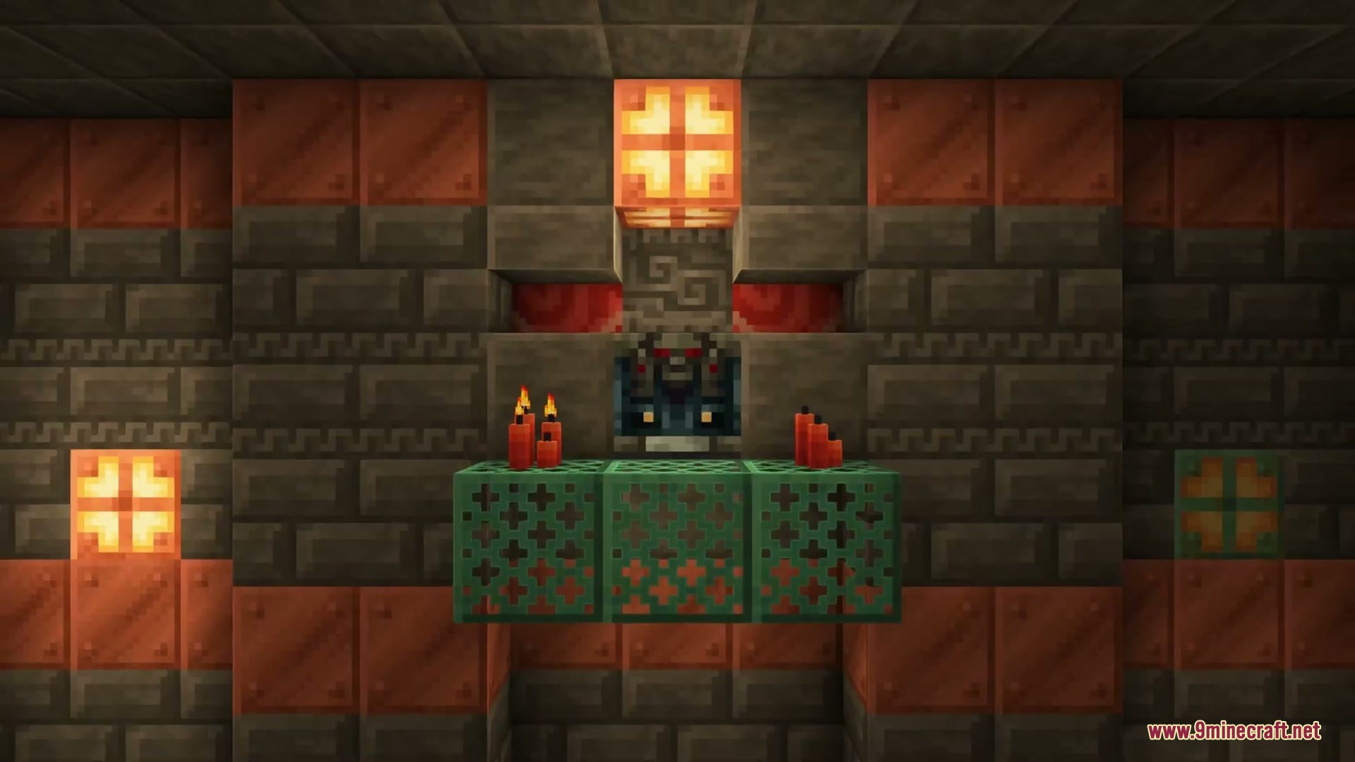 Serene Horizon Glow Resource Pack Screenshot 2 A trial spawner decorated with copper blocks and lit by red candles